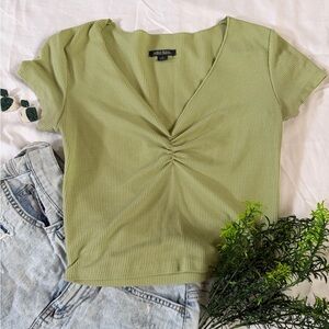 Wild Fable Sage Green Ruched V-Neck Cropped Tee
